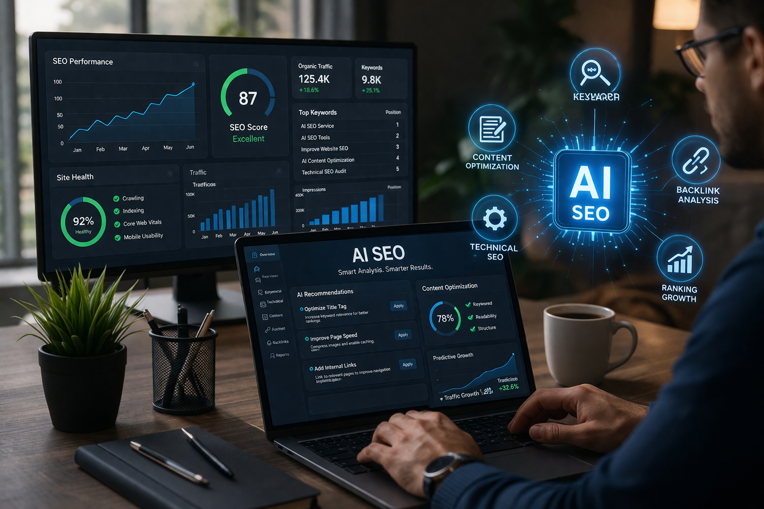 AI SEO services dashboard and analytics workspace